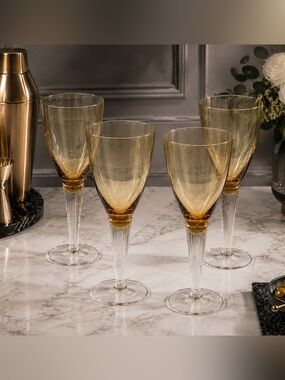 Set (4) Vintage Sasaki “Lumina Amber” Wine Glass Flutes | Ribbed Thick Stem |EUC